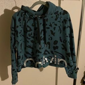 Calvin Klein Performance Green Leopard Print Cropped Hoodie Sweatshirt XL